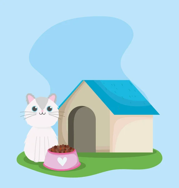 Háziállat bolt, aranyos macska ül-val ház és élelmiszer tál állat házi rajzfilm — Stock Vector