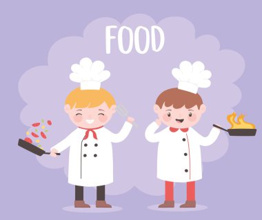 Şef çocuk çizgi film karakteri tencere ateşi ve sebze.