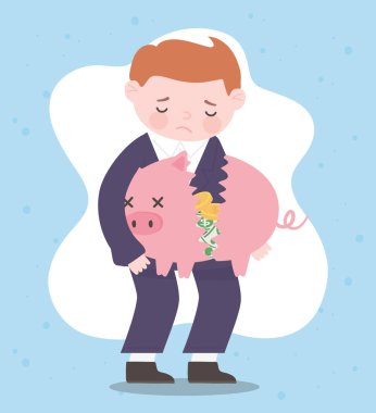 İflas eden üzgün işadamı, iflas etmiş domuz kumbarasını mali krizle doldurdu.