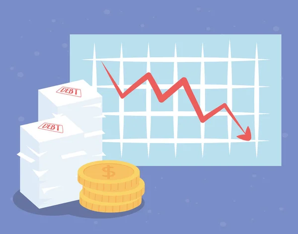 Bancarrota downwrad flecha gráfico monedas y documentos de deuda negocio crisis financiera — Vector de stock