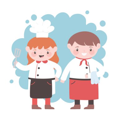 Şef kız ve garson önlüklü çizgi film karakteri