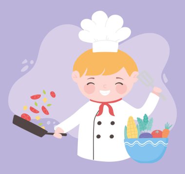 Tencereli aşçı çocuk ve çizgi film karakterinde sebze.