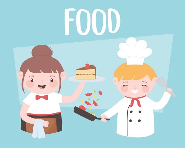 Шеф-повара мальчик и девочка с героем мультфильма о торте и салате — стоковый вектор