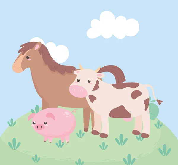 Schattig paard koe en varken in het gras cartoon dieren natuurlijk landschap — Stockvector