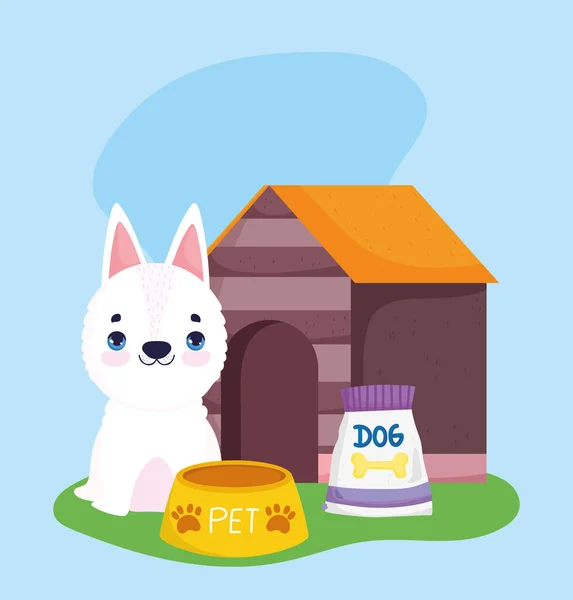 Animalerie, sac de bol de nourriture pour chien blanc et dessin animé domestique pour animaux domestiques — Image vectorielle