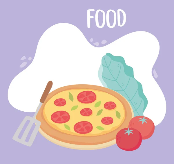 Lebensmittel frische Spatel Pizza Tomate und Salat Cartoon — Stockvektor