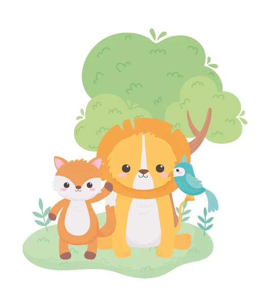 Mignon petit perroquet lion et renard animaux de dessin animé dans un paysage naturel — Image vectorielle