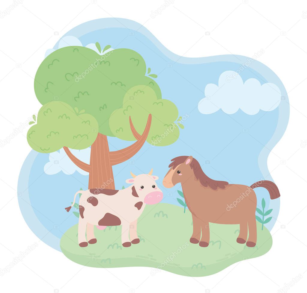 cute cow and horse tree meadow cartoon animals in a natural landscape