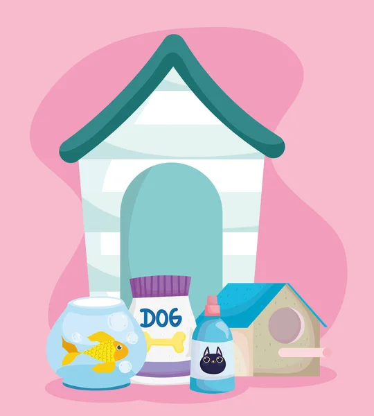 Pet shop, peixe da casa em tigela de vidro medicina e pacote de alimentos animal de estimação desenhos animados domésticos —  Vetores de Stock