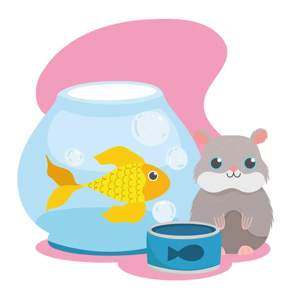 Pet shop, křeček ryby v misce a jídlo domácí kreslené — Stockový vektor