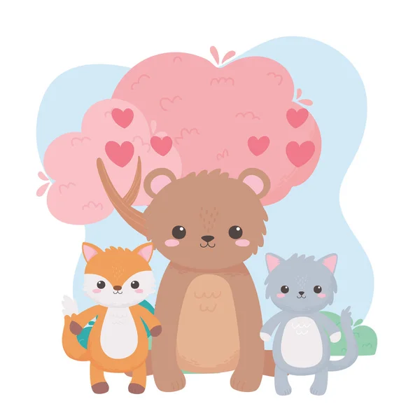Carino orso gatto volpe albero cuori incantevoli animali dei cartoni animati in un paesaggio naturale — Vettoriale Stock