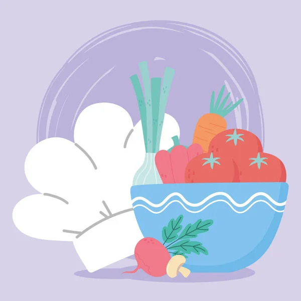新鲜西红柿、胡萝卜、洋葱、蘑菇和厨师帽 — 图库矢量图片