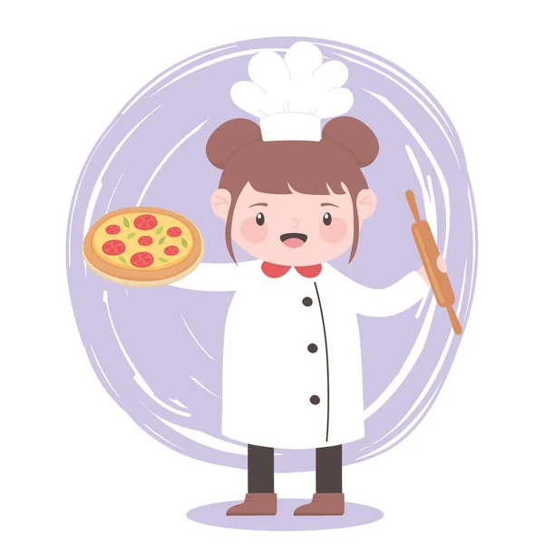 Séf lány pizza és görgős pin rajzfilm karakter — Stock Vector