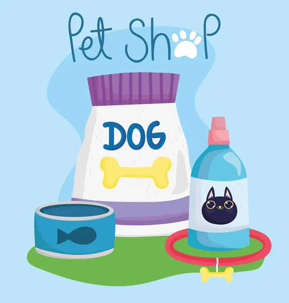 pet shop, food package bowl medicine bottle and collar animal domestic cartoon