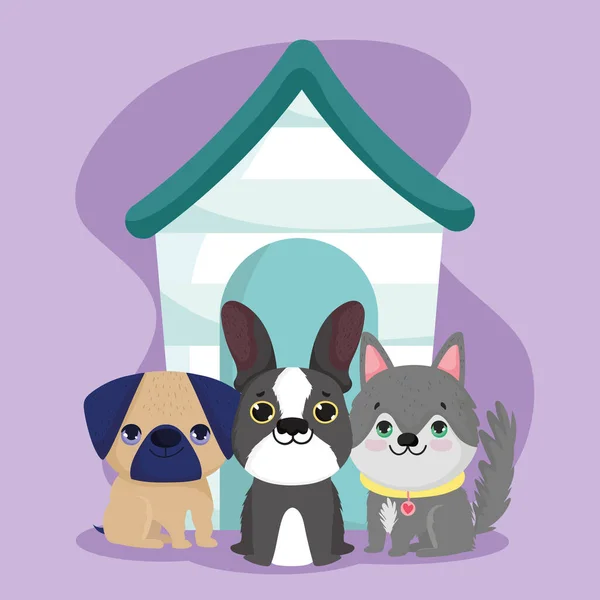 Tienda de mascotas, lindos cachorros sentados con animales domésticos de madera de la casa de dibujos animados — Vector de stock