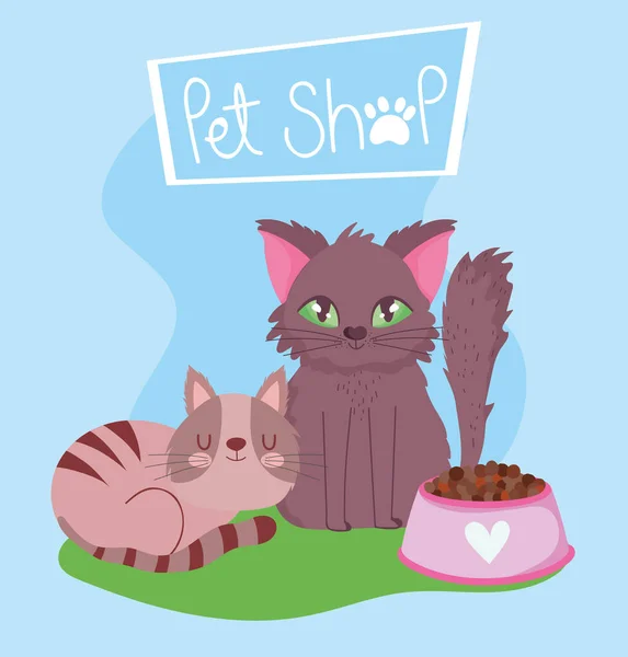Kisállat bolt, szőrös macska és csíkos cica -val tál élelmiszer állat házi rajzfilm — Stock Vector