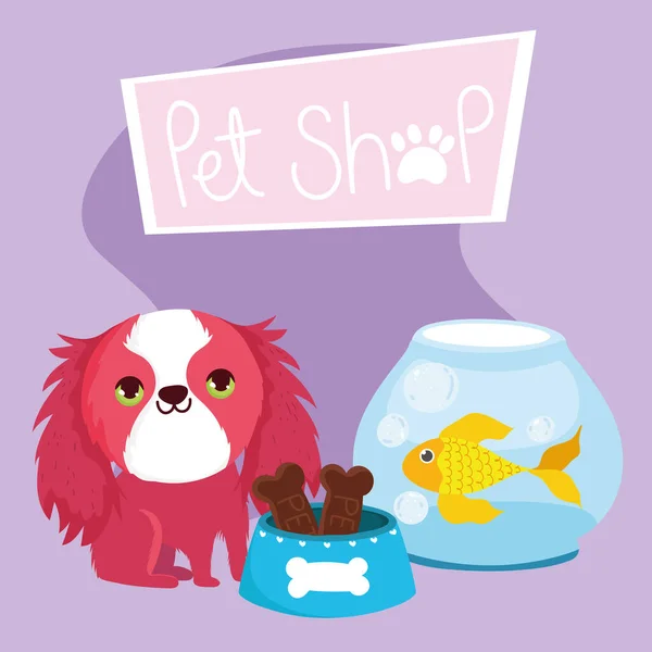 Háziállat bolt, szőrös kis kutya hal és csont élelmiszer állat házi rajzfilm — Stock Vector