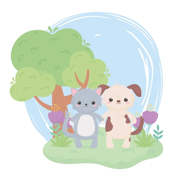 Carino cane e gatto fiori albero cartoni animati animali in un paesaggio naturale — Vettoriale Stock