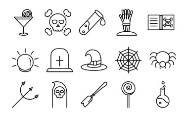 Cadılar Bayramı 'nız kutlu olsun, parti kutlaması kafatası kemikleri şeytan süpürge örümcek doğrusal simgeleri