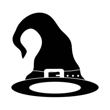 Cadılar Bayramı 'nız kutlu olsun, mor kayışlı cadı şapkası ya şeker ya da parti kutlama silueti ikonu.