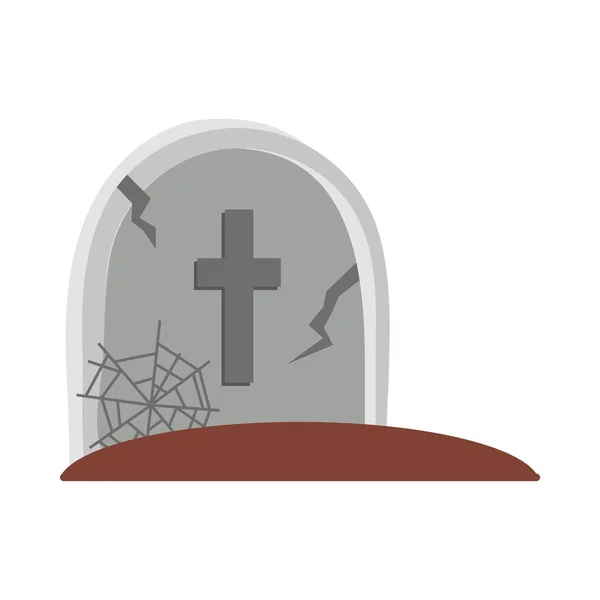 Feliz Halloween, lápida cruzada telaraña en truco de tierra o tratar fiesta celebración diseño icono plano — Vector de stock
