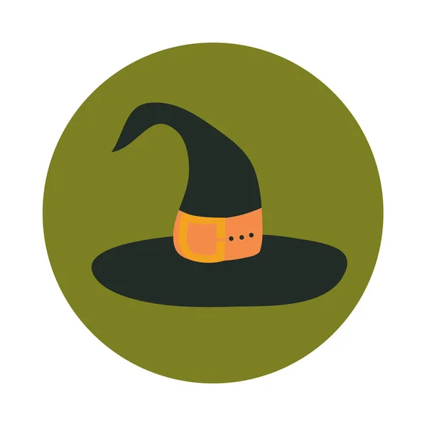 Szczęśliwy halloween, kapelusz czarownicy z pomarańczowym paskiem trick lub traktować uroczystości strona płaska i blok ikona — Wektor stockowy
