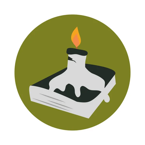 Счастливый Хэллоуин, расплавленная свеча на фокусе с книгой заклинаний или угощение праздником плоским и блочным значком — стоковый вектор