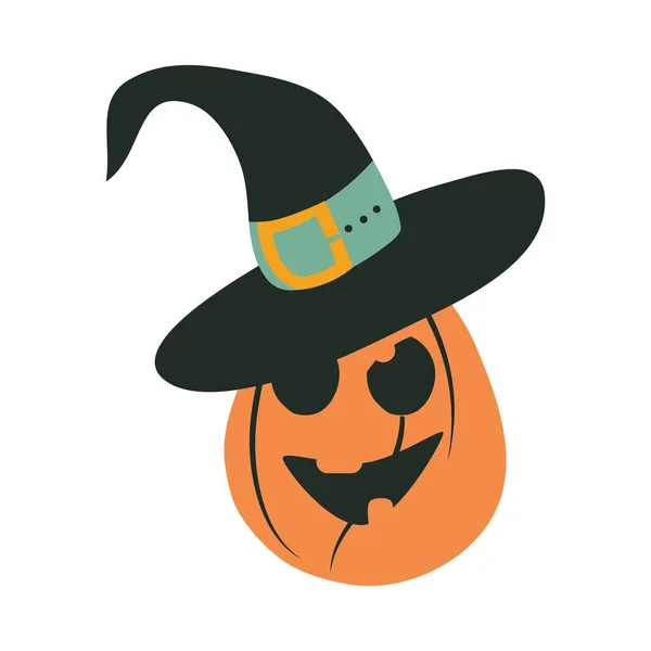 Halloween heureux, citrouille avec tour de chapeau ou traiter fête conception icône plate — Image vectorielle