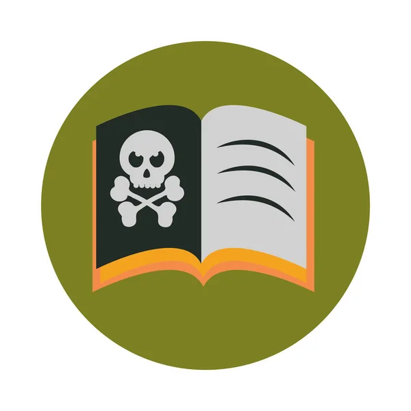 Feliz halloween, libro de hechizos con truco de cráneo o tratar fiesta de celebración plana y bloque icono — Vector de stock