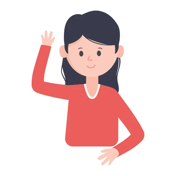 白い背景に手を振っている若い女性の漫画の肖像 — ストックベクタ