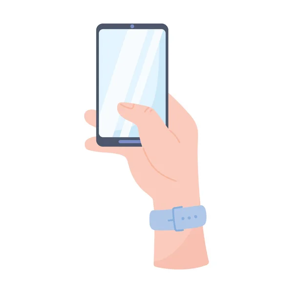 Mužská ruka s chytrým telefonem izolované na bílém pozadí — Stockový vektor