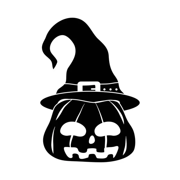 Feliz halloween, abóbora com chapéu truque ou deleite festa celebração silhueta ícone — Vetor de Stock