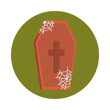 Cadılar Bayramınız kutlu olsun, tahta tabut örümcek ağı numarası ya da parti kutlaması düz ve blok simgesi