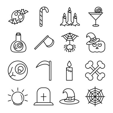 Cadılar bayramın kutlu olsun, şeker mi şaka mı kutlaması şeker mumu şapkası, ağ kemikleri doğrusal simgeler