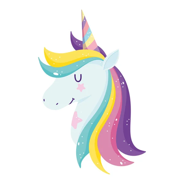 Unicornio misterio arco iris cuerno fantasía dibujos animados aislado icono diseño fondo blanco — Vector de stock
