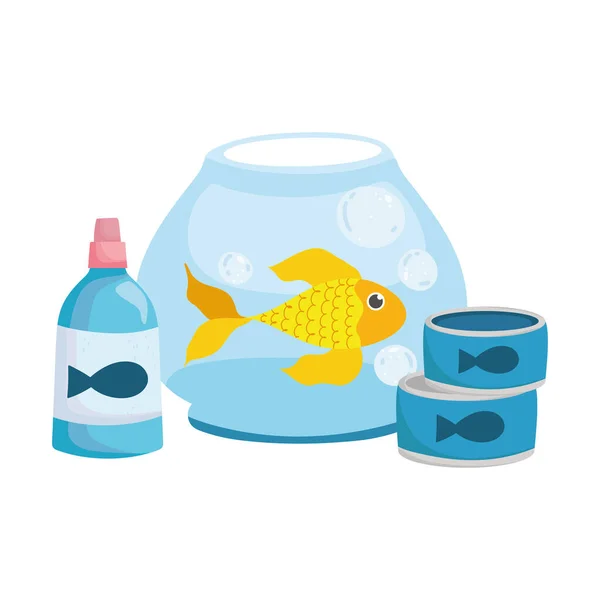 Pet shop, pesce in ciotola medicina bottiglia e cibo animale domestico cartone animato — Vettoriale Stock