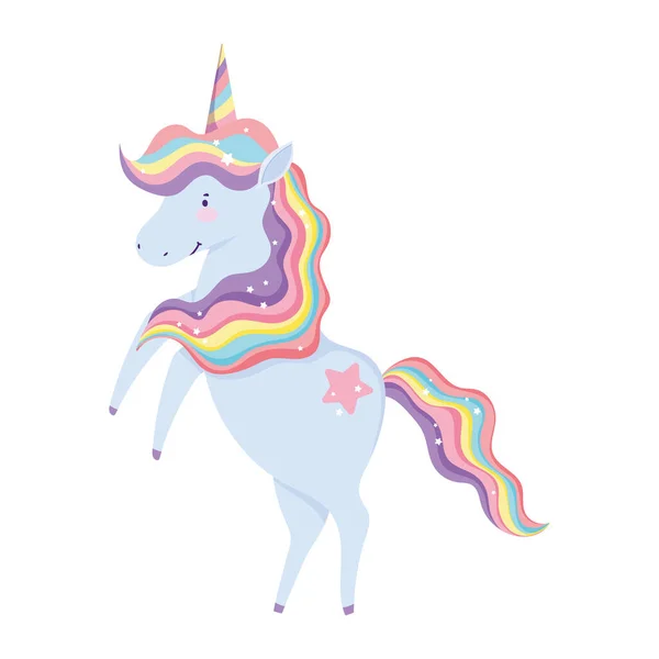 Unicornio magia fantasía arco iris cuerno melena dibujos animados aislado icono diseño blanco fondo — Vector de stock