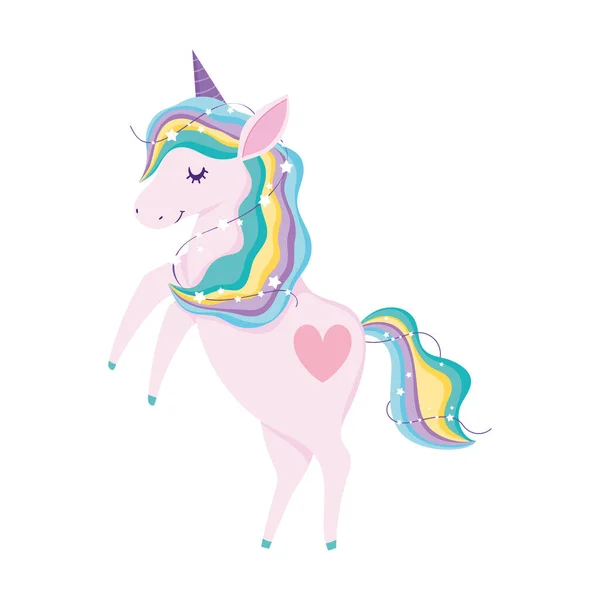 Unicornio magia fantasía estrellas dibujos animados aislado icono diseño blanco fondo — Vector de stock