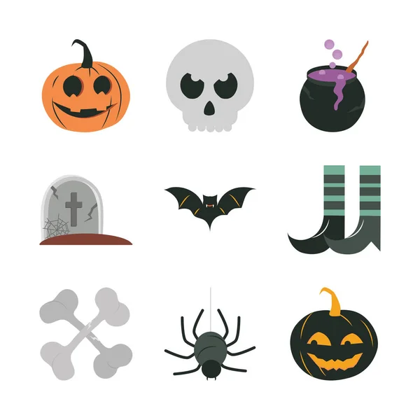 Happy halloween, trick or treat party celebration pumpkin skull cauldron bat bone spider flat icons set — Stock Vector