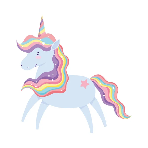 Unicornio magia fantasía arco iris cuerno melena dibujos animados aislado icono diseño blanco fondo — Vector de stock