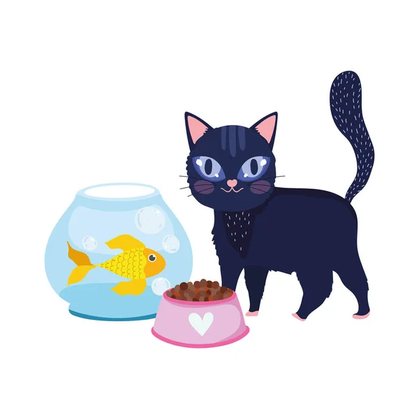 Pet shop, black cat fish kitten bowl food animal domestic cartoon — Stock Vector