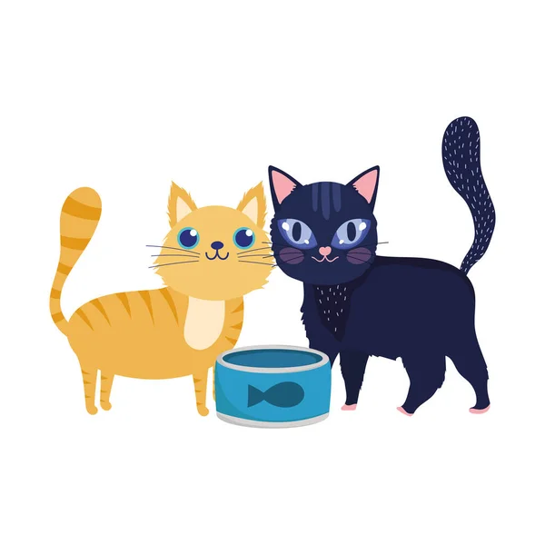Pet shop, gatos bonitos com peixes pode comida animais desenhos animados domésticos — Vetor de Stock