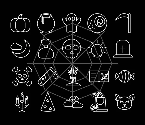 Feliz Halloween, truco o tratar fiesta celebración iconos lineales conjunto de fondo oscuro — Archivo Imágenes Vectoriales