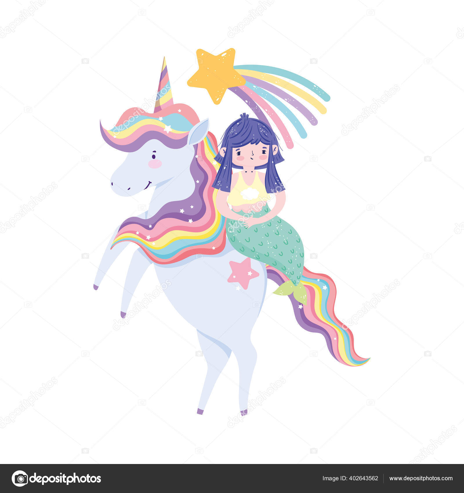 Mermaid on unicorn shooting star rainbow cartoon Stock Vector by ©stockgiu 402643562
