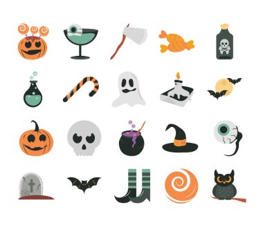 Cadılar Bayramınız kutlu olsun, şeker mi şaka mı parti kutlaması balkabağı şekeri hayalet şapkalı kafatası göz baykuşu düz simgeler