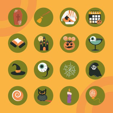 Cadılar Bayramınız kutlu olsun, turuncu renkli arka plan. Parti kutlamalarını düz yapın ve simgeleri engelleyin.