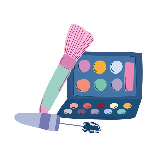 Maquillage cosmétique produit mode beauté fard à paupières palette mascara et brosse — Image vectorielle