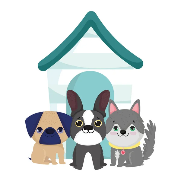 宠物店，可爱的小狗，与木制房子动物家庭漫画一起坐着 — 图库矢量图片