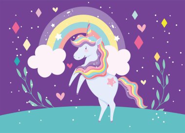 Tatlı tek boynuzlu at sihirli fantezi gökkuşağı bulutları kalp geceleri çizgi film