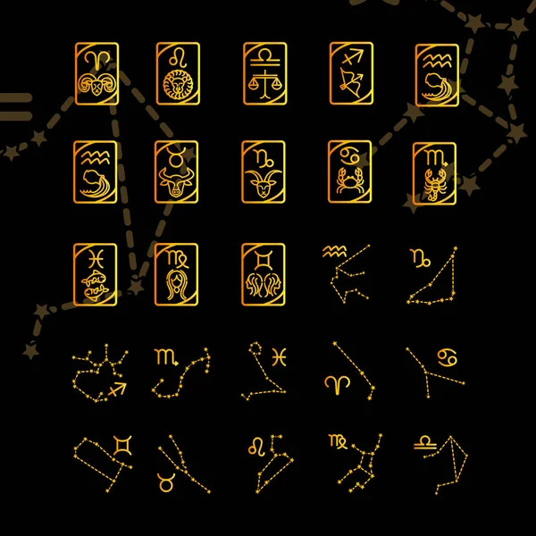 Zodiákus asztrológia horoszkóp naptár csillagkép aries leo libra rák skorpió ikonok gyűjtemény gradiens stílus fekete háttér — Stock Vector